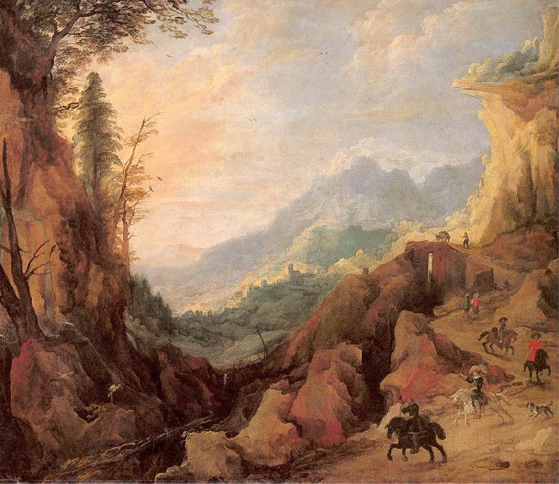 Momper II, Joos de Mountainous Landscape with a Bridge and Four Horsemen oil painting picture